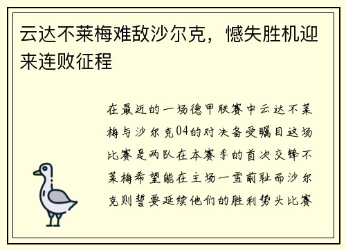 云达不莱梅难敌沙尔克，憾失胜机迎来连败征程