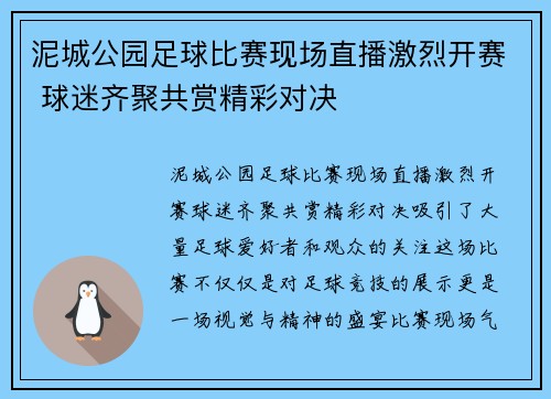 泥城公园足球比赛现场直播激烈开赛 球迷齐聚共赏精彩对决